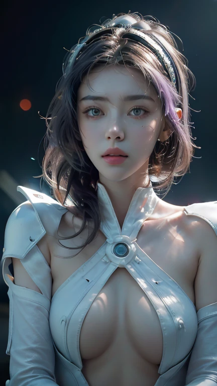 (Quality), (Masterpiece), (Super high resolution), (Realism: 1.4), Center, RAW photo, white mech, white porcelain body, acrylic transparent cover, white hair, skin shine, 1 robot japanese girl, ((super realistic details)), breast area is largely broken revealing bare skin, global illumination, cel shading Octagonal rendering, 8K, super sharp, character edge lights, original leather, intricate decorative details, Aztec details, hydraulic cylinder, small LED lights, very intricate details, true ray tracing, purple eyes, shining in front of camera, neon light details, futuristic head gear, about cyberpunk,,