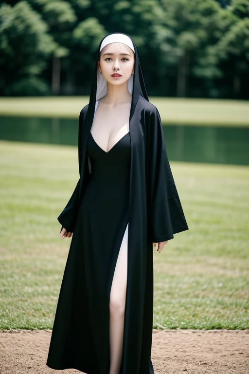 ((Best quality, 8k, Masterpiece: 1.3)), 1 old slim nun, standing gracefully outdoors, captured in a full body shot, taken from below to accentuate her divine presence, all while remaining fully clothed in her sacred garments. With remarkable modesty, her ensemble discreetly covers her breasts, ensuring no hint of impropriety, and conceals any trace of cleavage. The ethereal nun, true to her vows, defies convention as she radiates purity and spiritual devotion, transcending earthly desires. black clothes