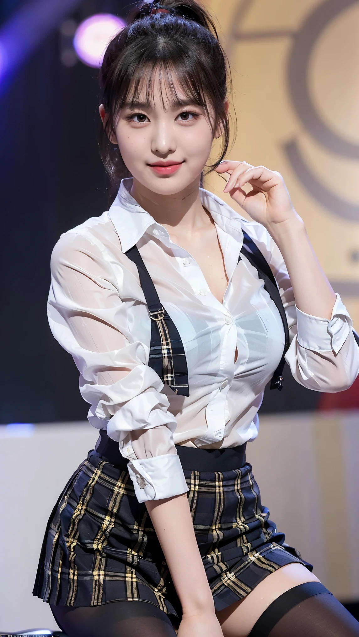(8K), (highest quality: 1.2), (realistic), (realistic: 1.47), ultra high resolution, 1 girl, cute, smile, closed mouth, (thick lips:1.2),red lip,(Purse your mouth),beautiful details, beautiful nose,sweat on face,(Straight shiny black hair),(With a black ribbon on her head),(ponytail hair),Dancing on the concert stage,hold the microphone in your right hand,Bend your elbows and raise your hands,(University Student Uniform,Large dark beige cardigan,white satin shirt,tie,Tartan Check Pleated Skirt,opaque tights:1.2),(Close up on wet thighs:1.2),(knees),(super low angle:1.2),(medium shot),