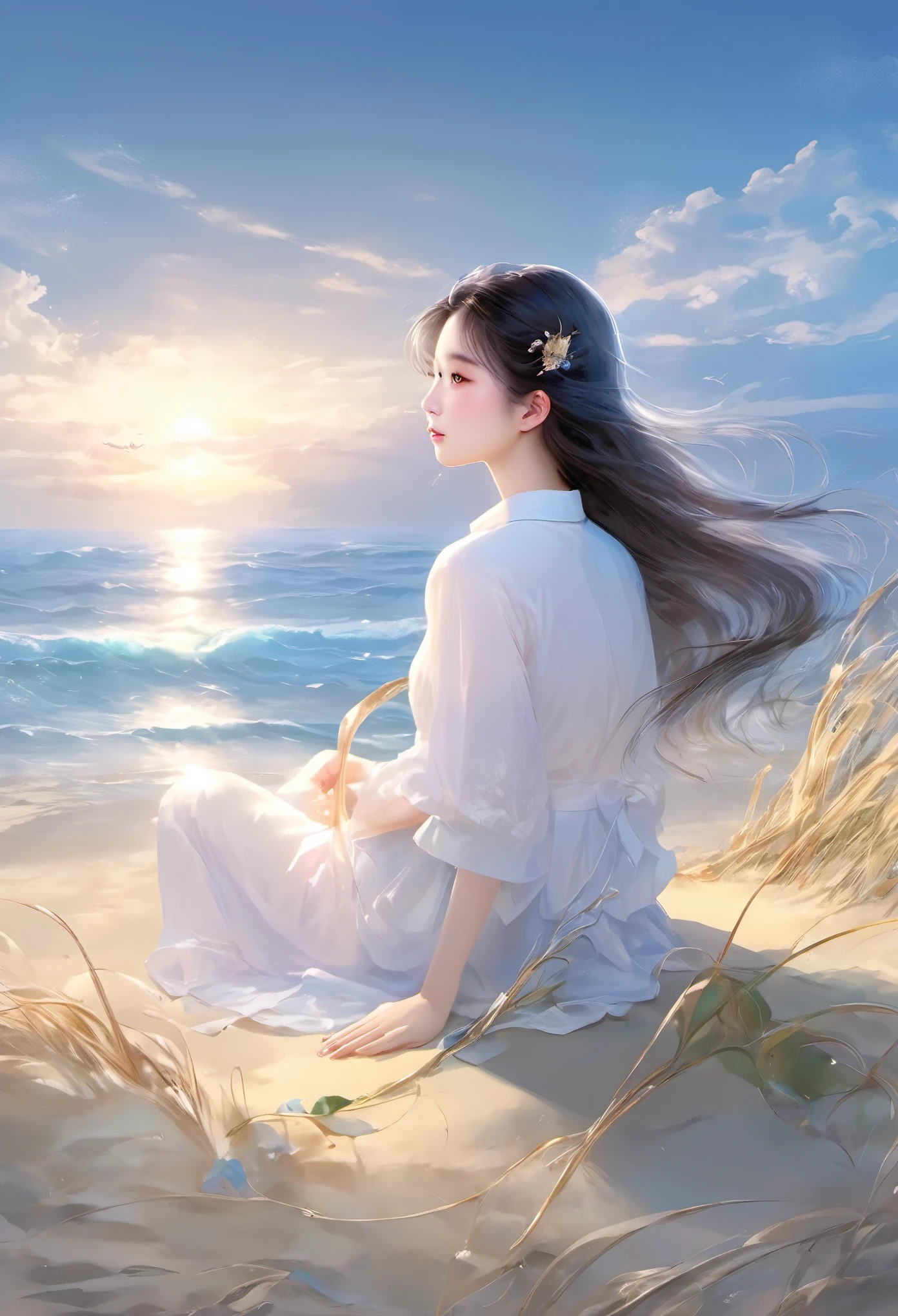 (A masterpiece of the highest quality:1.2)、A super detailed illustration,Perfectly shows the girl in the doomsday beach scenery。In the silence of the night、There is an atmosphere that is both sad and hopeful.。 that girl sits on the soft vegetation of the sandy beach、A figure can be seen in the cloudy sky。that girl'Unspecified clothing.、Her figure、it'Such exquisite rendering,So that every crease and texture is clearly visible.。Her hair fluttered in the wind、Low light in HDR landscapes