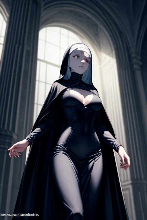 old slim nun, standing outdoors with a full body shot taken from below, her figure clothed in habitual attire, yet her breasts and cleavage remained covered – a testament to her religious devotion. The braless nature of her black outfit was concealed beneath the voluminous garments, revealing only the slender curves of her waist and the worried expressions etched across her face. The sunlight gleamed off the shiny fabric of her habit, showcasing the intricacies of the nun's attire and the subtle contours of her body.