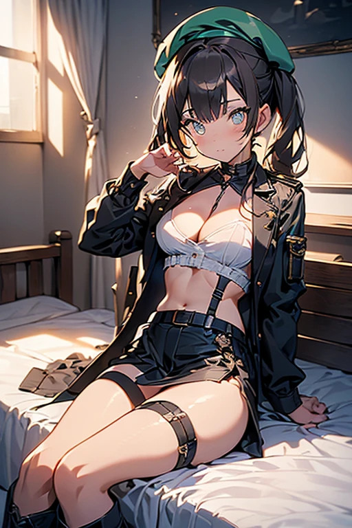 ubel,dark green hair,long hair,side ponytail,hair between eyes,bangs,  (beret, black jacket, open clothes, cleavage, midriff, (Make the subject look three-dimensional with the contrast of light and shadow),Cute and beautiful 22yo girl,(masterpiece:1.2), best quality, high resolution, unity 8k wallpaper, (illustration:0.8), (beautiful detailed eyes:1.6), extremely detailed face, perfect lighting, extremely detailed CG, (perfect hands, perfect anatomy),(brown eyes: 1.1),Brown hair,watching at viewers,black suspenders,(Bulging ,big breasts:1.1),tacticul jacet,Black miniskirt,garters,Gaze,Small face,bangss,holster,Belt Armament,Beautuful Women　srestrained,hands up,sitting Lying in bed,Leg holster ,Gaze,black boots,panty shot, extremely detailed face, perfect lighting, extremely detailed CG,