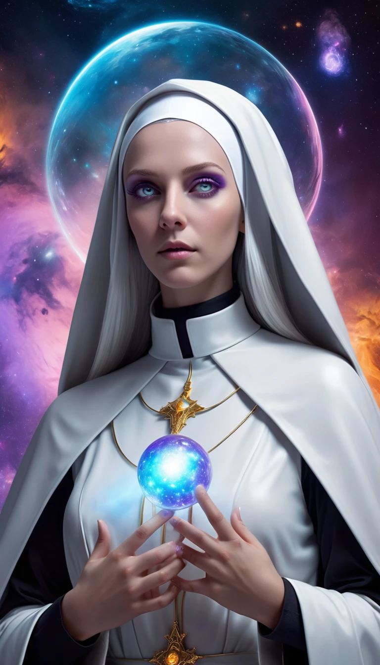 (best quality,4k,8k,highres,masterpiece:1.2),ultra-detailed,(realistic,photorealistic,photo-realistic:1.37), sci-fi, fantasy, cosmic nun,long white hair, glowing eyes, ethereal beauty, floating in space, surrounded by celestial bodies and colorful nebulas, wearing a futuristic nun outfit with metallic details and glowing symbols, with a cape flowing in zero gravity, a staff with a glowing orb at the top, hinting at her mystical powers, light blue and purple color palette, with subtle hints of gold and silver, soft and warm lighting, casting gentle highlights and shadows on the nun and the surrounding cosmic elements.