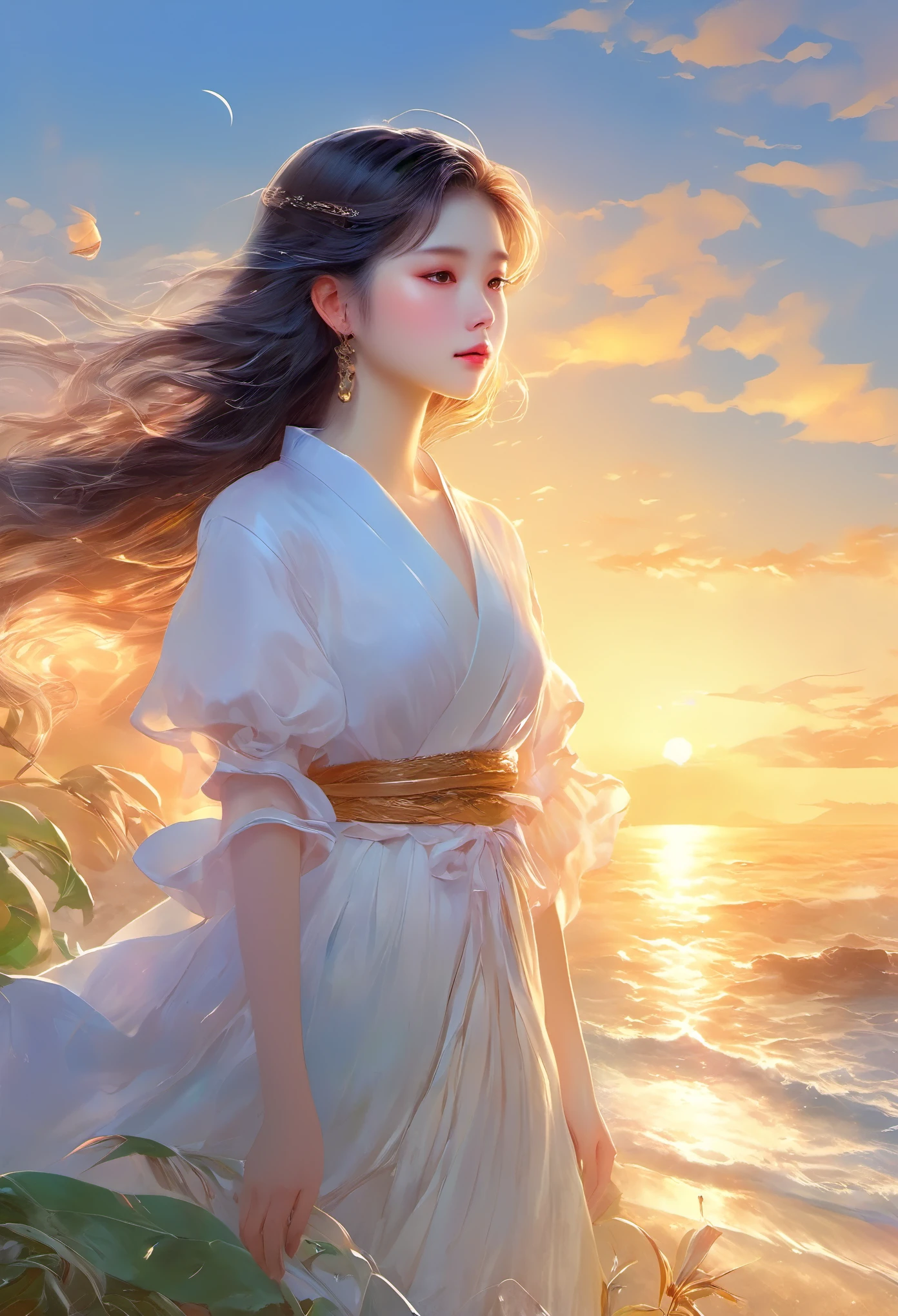 (A masterpiece of the highest quality:1.2)、A super detailed illustration,Perfectly shows the girl in the doomsday beach scenery。In the silence of the night、There is an atmosphere that is both sad and hopeful.。 that girl sits on the soft vegetation of the sandy beach、A figure can be seen in the cloudy sky。that girl'Unspecified clothing.、Her figure、it'Such exquisite rendering,So that every crease and texture is clearly visible.。Her hair fluttered in the wind、Low light in HDR landscapes