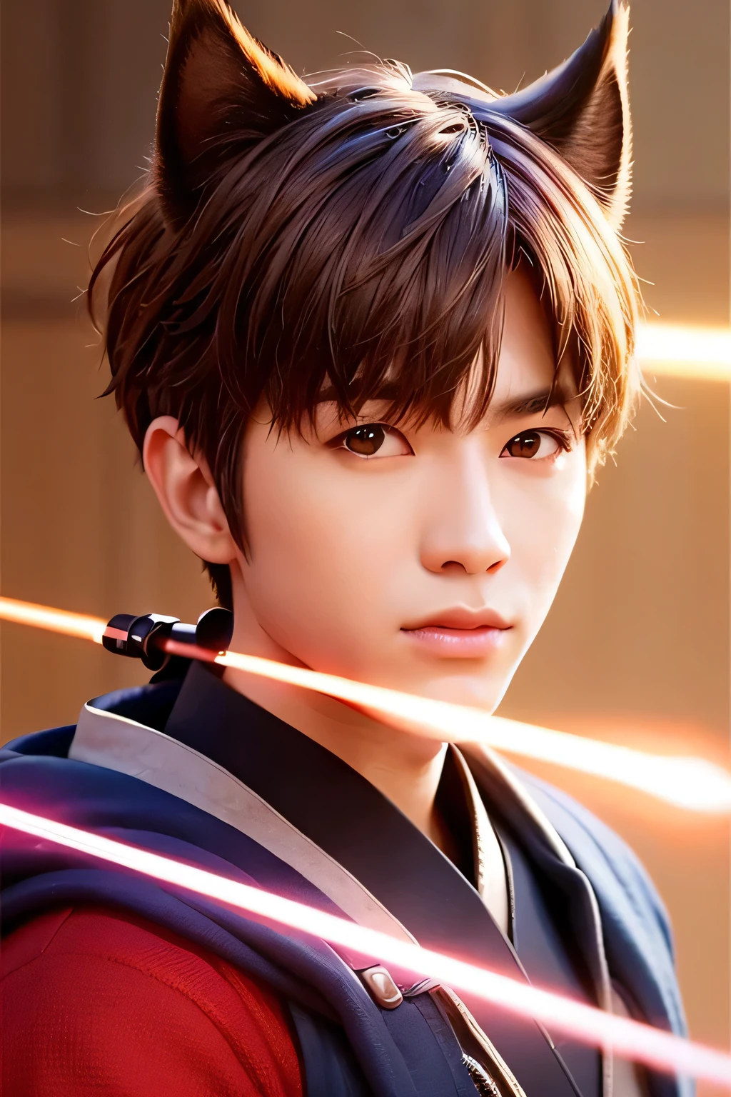 1 male、high quality、masterpiece、4k、Feeling blurry、realistic skin、dog ears、(head shot:1.45)、laser sword、VFX、SFX