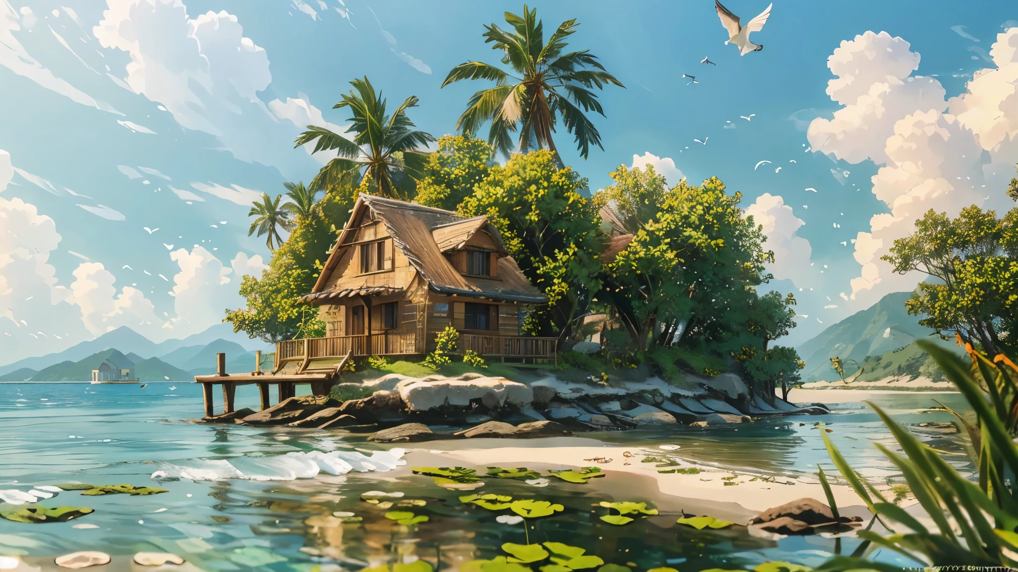 (best quality,4k,8k,highres,masterpiece:1.2),ultra-detailed,(realistic,photorealistic,photo-realistic:1.37),Ghibli-style,a person fishing on a deserted island,house on the island,sunny weather,gentle breeze,warm and cozy,serene scene,beautiful seashore,crystal-clear water,lush green trees,rays of golden sunlight,seagulls flying in the sky,peace and tranquility,soft white sand,colourful fishing boats in the distance,harmony with nature,((lonely island fishing)),(a small island in the middle of the deserted island),(a house on the island)