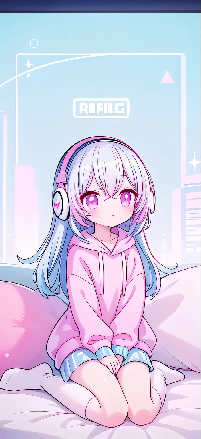 ，White knee socks，Long light blue hair，Pink and white sweatshirt，pink eyes，Blue headphones