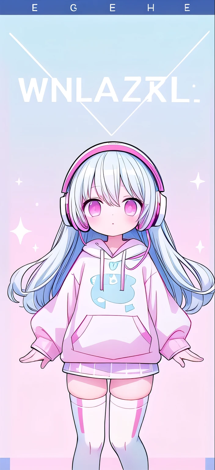 ,White knee socks,Long light blue hair,Pink and white sweatshirt,pink eyes,Blue headphones