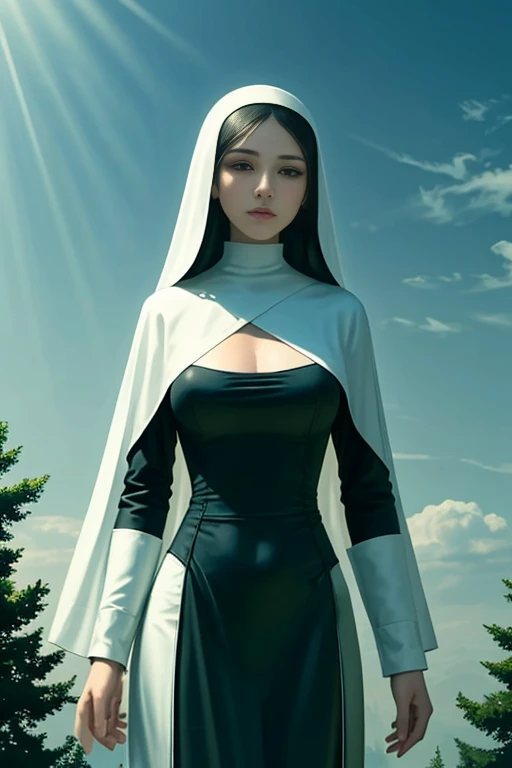 (Masterpiece, top quality, best quality, official art, beautiful and aesthetic: 1.2), (1 old slim nun), Extreme detailed, colorful, highest detailed, full body shot, Taken from below, Outdoor setting, Fully clothed, Covered breasts, Braless, Hidden cleavage, Delicate and intricate robe, Soft and flowing fabric, Slender and graceful figure, Serene expression, Harmonious composition, Atmospheric perspective, Soft focus, Golden hour lighting, Sunrays filtering through, Shimmering aura, Noble and spiritual, Neo-classical, Minimalist, Zen-inspired, Black clothes