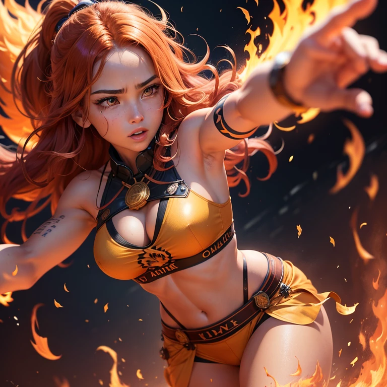 the phoenix girl is a symbol of rebirth and perseverance. her hair burns with bright flames, illuminating the dark nights and giving her a unique aura of mystery and strength. the skin shimmers with shades of burning coals, as if every cell of it is permeated with the fire of inner strength and passion. This girl's eyes sparkle like coals in a fire, full of determination and audacity, ready to go through the fire for her goals.