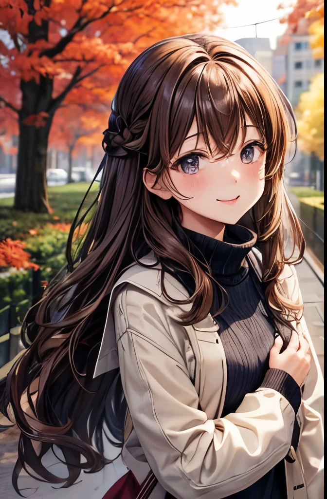 turning the body towards you、Mouth closed、anime style、highest quality、Shining, clear eyes、light brown skin、autumn clothes、Pull up to your knees、、long wavy hair、woman in her 20s、very cute、close your eyes and smile、laughter、brown hair、I want to blush、peak、autumn leaves、wink、sparkling、Kamimei、