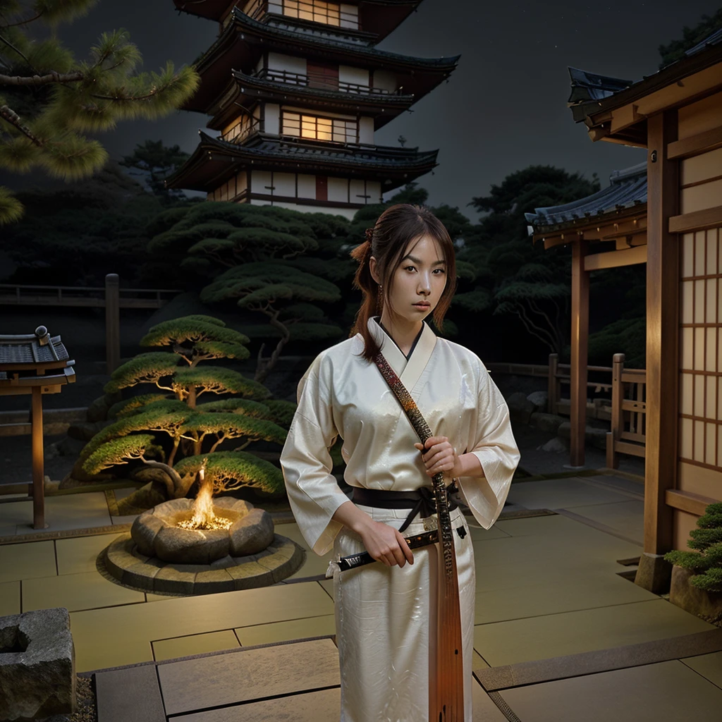 beautiful woman,Wear bleach,holding a beautiful samurai sword,standing holding a sword,Japanese garden,Behind is a Japanese castle.,beautiful,Night atmosphere,Thin mist,Highly detailed,