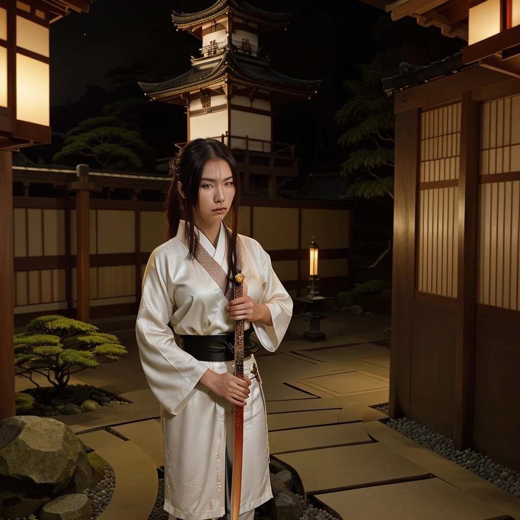 beautiful woman,Wear bleach,holding a beautiful samurai sword,standing holding a sword,Japanese garden,Behind is a Japanese castle.,beautiful,Night atmosphere,Thin mist,Highly detailed,