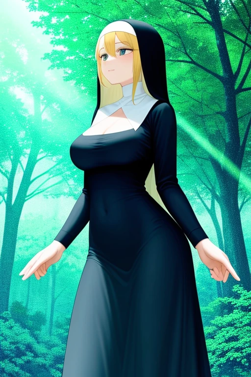 old slim nun, standing outdoors, full body shot, captured from below, fully clothed, her breasts were skillfully concealed, the cleavage of her braless top remained hidden, her serene expression radiated peace and tranquility, the surrounding greenery and sunlight framed her in a divine aura. Black clothes