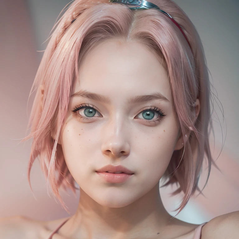 young woman, short shoulder-length pink hair, wide forehead, porcelain skin, pink eyebrows, big emerald green eyes, buttoned nose, full lips, heart-shaped face, slender body, small breasts, red tank top, Sakura Haruno , realistic, realism, details, 3d, well detailed
