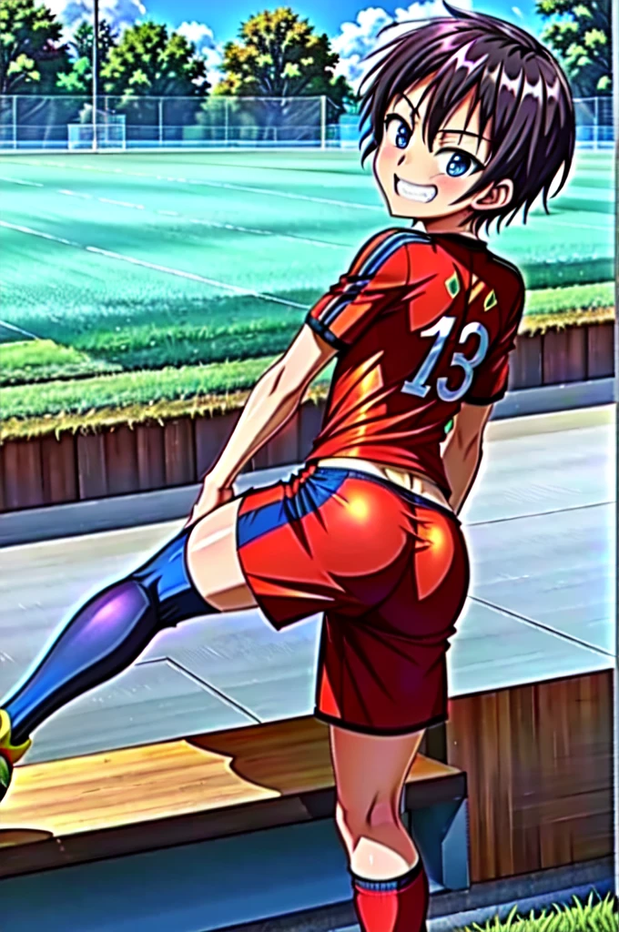 (((official art,Super thin illustration,High resolution, muste piece, best quality,best quality,)))high quality, detailed, ( boy),12 yealo)))、 A young ace striker male idol with a super cute face,A boy as beautiful as Planding, Cool handsome face with a smile, soccer spike, long legs, thighs, Foots, No bulge, (blonde、short hair)、shiny hair, (Tight shiny random color soccer uniform suit), (tight and shiny soccer shorts), (soccer socks), grassy area, cool pose, (むっちりとしたthighs、Seducing a big ass into your crotch)、(((soccer field in the park)))、((Saucy、))、grinning grin、spread legs,ultra fine painting, (best quality, In 4K, 8K, High resolution, muste piece:1.2),service shot、((detailedな目:1.2))、showing off his big butt、proud butt、