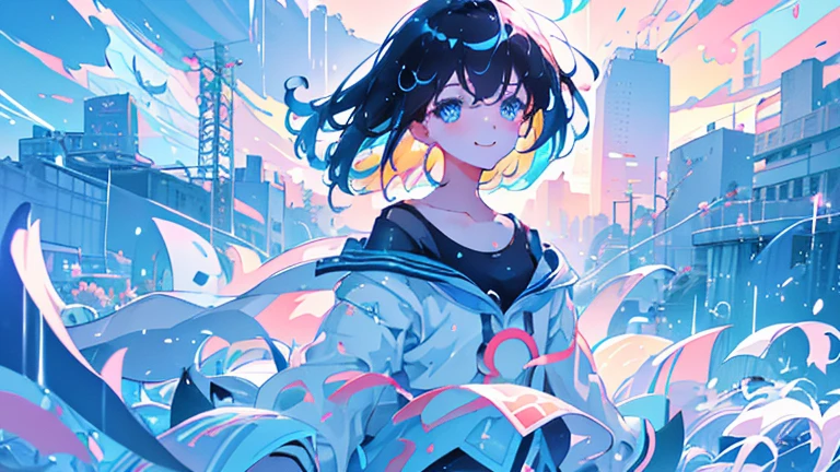 #quality(8k,wallpaper of extremely detailed CG unit, masterpiece,hight resolution,top-quality,top-quality real texture skin,hyper realisitic,increase the resolution,RAW photos,best qualtiy,highly detailed,the wallpaper),BREAK,(solo),#1girl(cute,kawaii,,hair color cosmic,short hair,hair messy,hair floating,white camisole,cosmic colored eyes,big eyes,skin color white,smile,wet,from front,dynamic angle,close up head),BREAK,#background(in the city,raining but shiny)