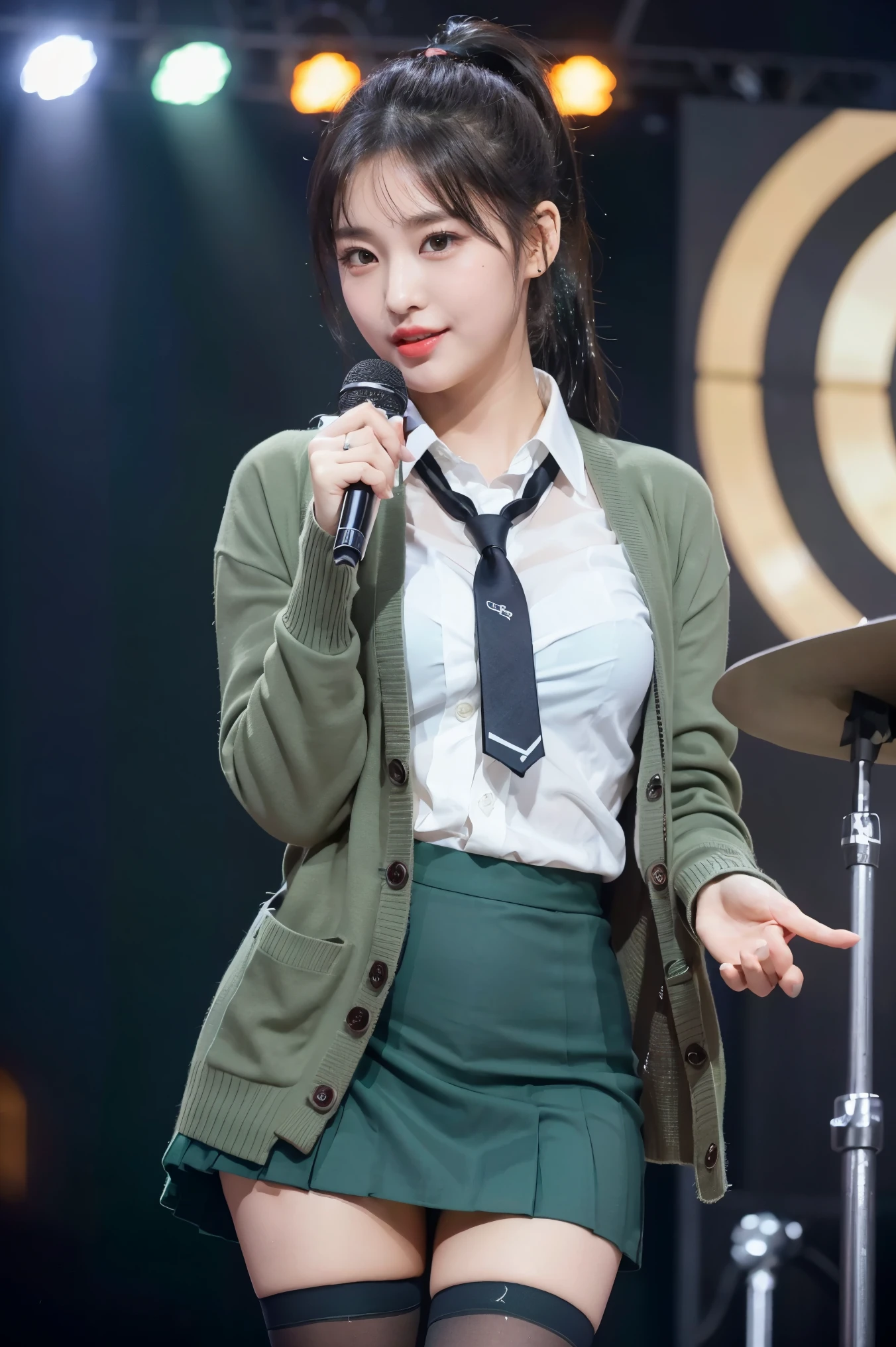 (8K), (highest quality: 1.2), (realistic), (realistic: 1.47), ultra high resolution, 1 girl, cute, smile, closed mouth, (thick lips:1.2),red lip,(Purse your mouth),beautiful details, beautiful nose,(Straight shiny black hair),(With a black ribbon on her head),(ponytail hair),Standing on the concert stage,hold the microphone in your right hand,Bend your elbows and raise your hands,(University Student Uniform,Large dark green cardigan:1.2),(white satin shirt,tie,Tartan Check Pleated Skirt,opaque tights:1.2),(Close up on wet thighs:1.2),(knees),(super low angle:1.2),(medium shot),