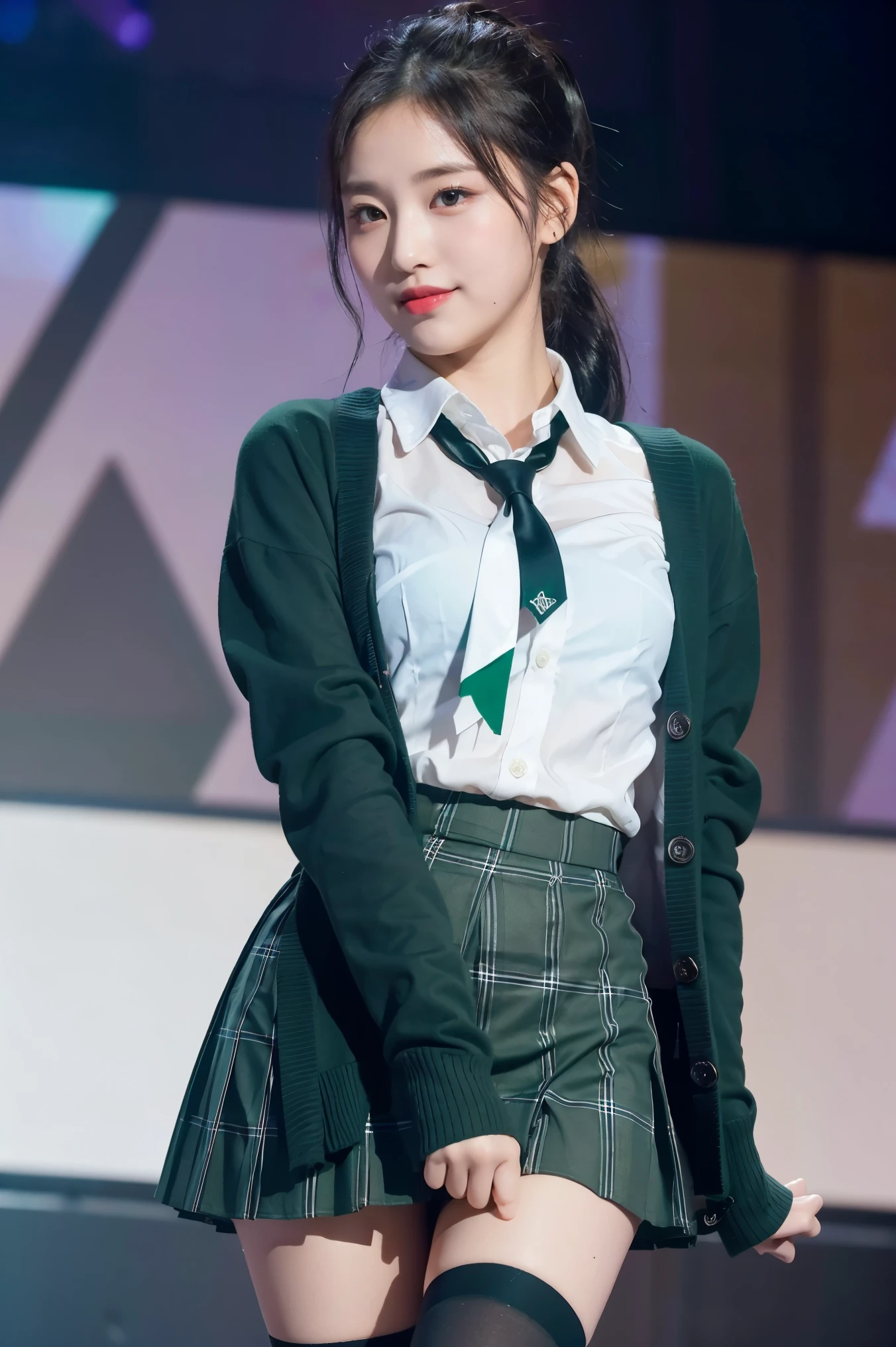 (8K), (highest quality: 1.2), (realistic), (realistic: 1.47), ultra high resolution, 1 girl, cute, smile, closed mouth, (thick lips:1.2),red lip,(Purse your mouth),beautiful details, beautiful nose,(Straight shiny black hair),(With a black ribbon on her head),(ponytail hair),Standing on the concert stage,hold the microphone in your right hand,Bend your elbows and raise your hands,(University Student Uniform,Large dark green cardigan:1.2),(white satin shirt,tie,Tartan Check Pleated Skirt,opaque tights:1.2),(Close up on wet thighs:1.2),(knees),(super low angle:1.2),(medium shot),