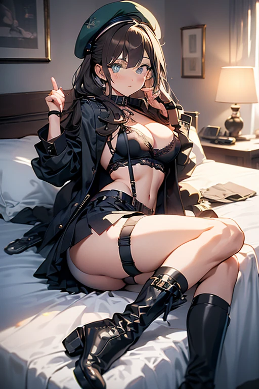 ubel,dark green hair,long hair,side ponytail,hair between eyes,bangs, (beret, black jacket, open clothes, cleavage, midriff, (Make the subject look three-dimensional with the contrast of light and shadow),Cute and beautiful 22yo girl,(masterpiece:1.2), best quality, high resolution, unity 8k wallpaper, (illustration:0.8), (beautiful detailed eyes:1.6), extremely detailed face, perfect lighting, extremely detailed CG, (perfect hands, perfect anatomy),(brown eyes: 1.1),Brown hair,watching at viewers,black suspenders,(Bulging ,big breasts:1.1),tacticul jacet,Black miniskirt,garters,Gaze,Small face,bangss,holster,Belt Armament,Beautuful Women srestrained,hands up,sitting Lying in bed,Leg holster ,Gaze,black boots,panty shot, extremely detailed face, perfect lighting, extremely detailed CG,
