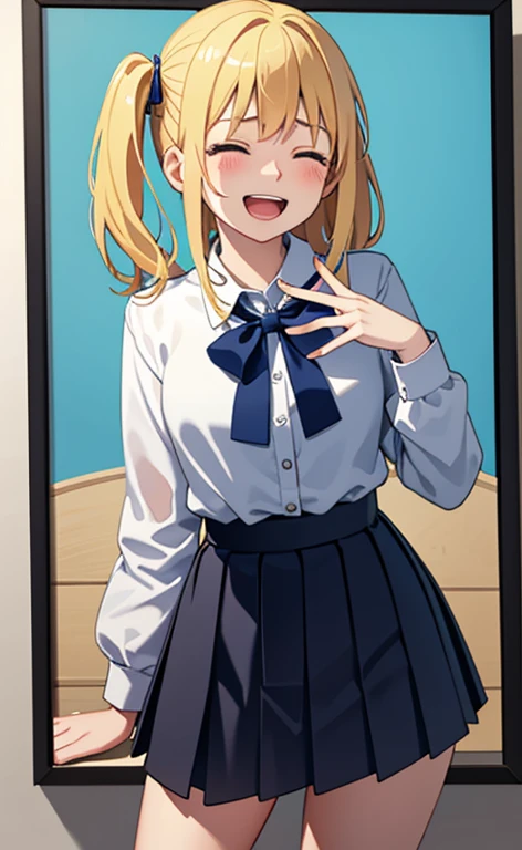 (masterpiece、top-quality、8k size wallpaper、offcial art)、(portrait,cowboy shot:1.6)、(1girl),(very loud laugh,Open mouth:1.3),(closed eyes:1.5),cute face,blue eyes、(two side up)、
,(stand),(Shining smile),
,(slender),(school uniform),(long fluorescence blonde hair1.3), (small breasts)、
、fluorescence、classroom,JK、(>_<:1)