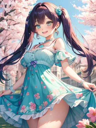 小さなgirl、Face photo、Face up、The arrival of spring、big ass、 (alone:1.5,)Super detailed,bright colors, very beautiful detailed anime face and eyes, look straight, ;d, shiny_skin,girl, ((Gradation、long hair,Red and blue hair))、forehead is exposed.、green eyes、、shiny hair, delicate beautiful face, blush、(turquoise eyes), White skin, Valletta, earrings,、blue flower field、(((Pink ruffled dress with floral print、purple mini skirt)))、twin tails、smile、smile、Face dyed red、Face-centered