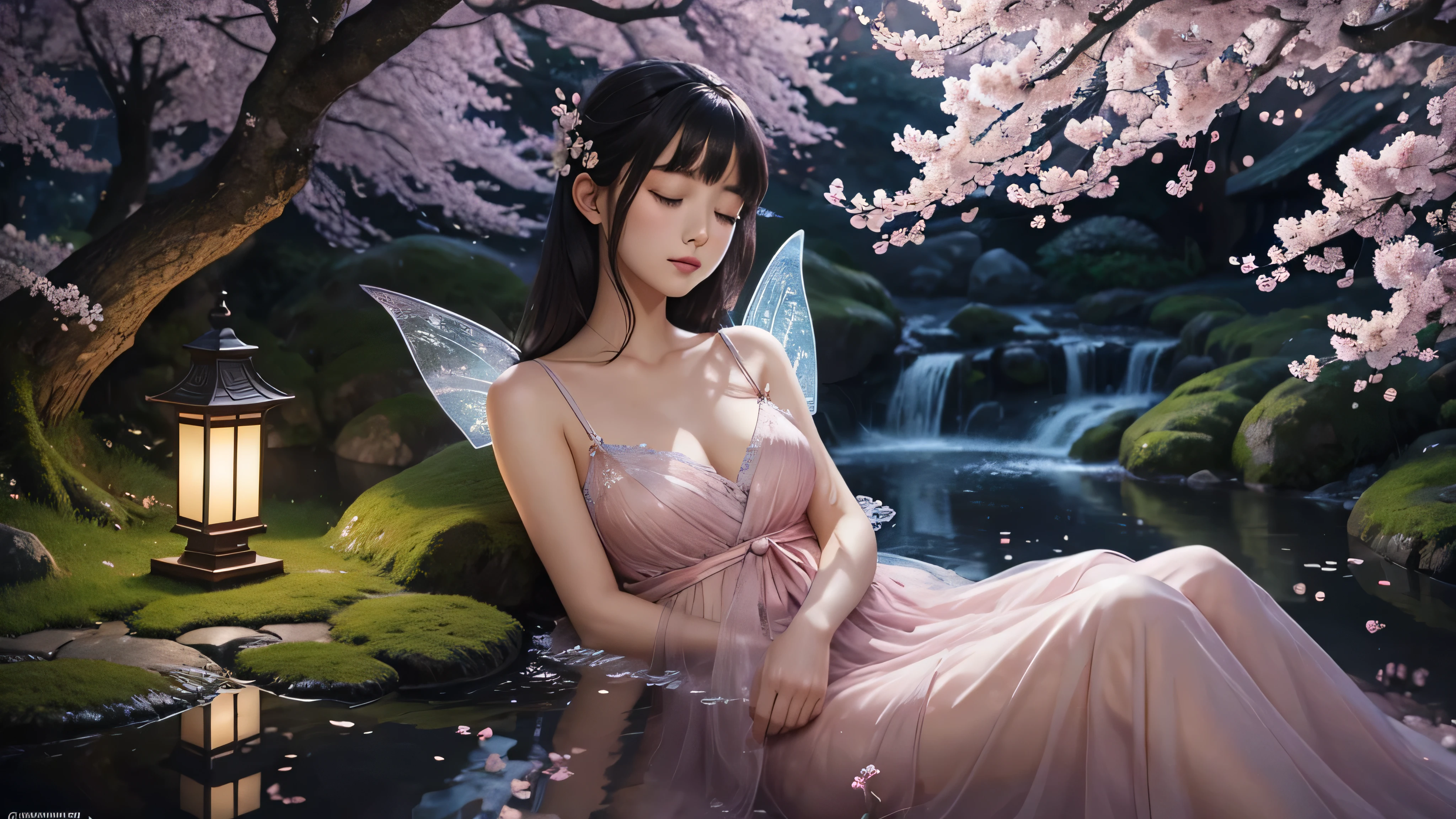 A beautiful fairy with wings、Sleeping、night、moon、Close your eyes and sleep、With the fairy in front、Upper body、bangs、close up of face、glossy lips、Japanese garden、nightcherry blossoms、cherry blossomoonnight、high resolution、mysterious、high resolution、 Around her are bright cherry blossoms and a quiet carp pond. The scenes are drawn using a combination of illustration and photorealism,