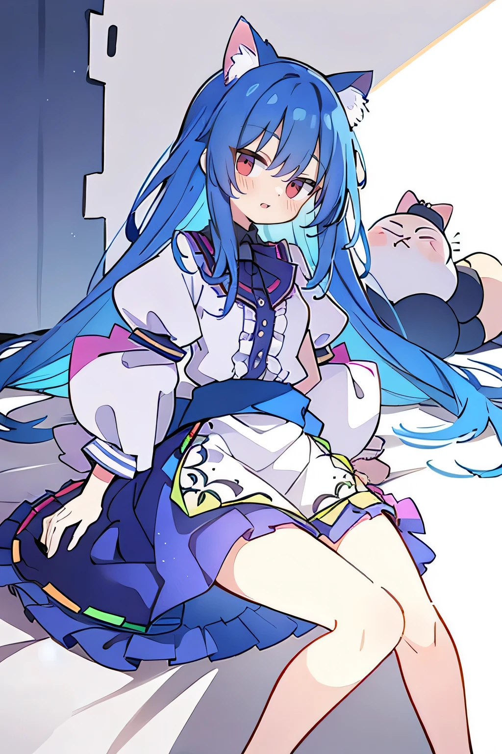 (Masterpiece), best quality, expressive eyes, perfect face, 1girl,
 Put your hands on your waist, fair, gorgeous, Japanese comics, girl, Lola, young angel, blue hair, blue hair, flowing clothes, hug the waist, hug the waist, hands on hips, hands on hips, lay down , lying on the ground, legs on the ground, flat chest, cat ears