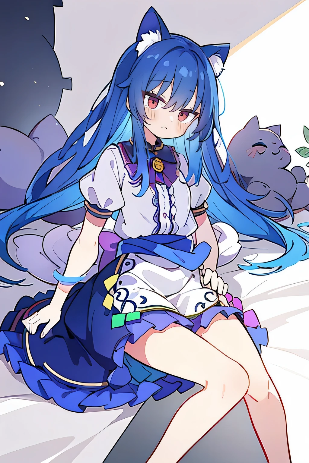(Masterpiece), best quality, expressive eyes, perfect face, 1girl,
Put your hands on your waist, fair, gorgeous, Japanese comics, girl, Lola, young angel, blue hair, blue hair, flowing clothes, hug the waist, hug the waist, hands on hips, hands on hips, lay down , lying on the ground, legs on the ground, flat chest, cat ears