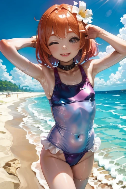 female、Shore beach、sunny、swimsuit one piece、seductive pose、Frolic with the waves、enchanting smile、