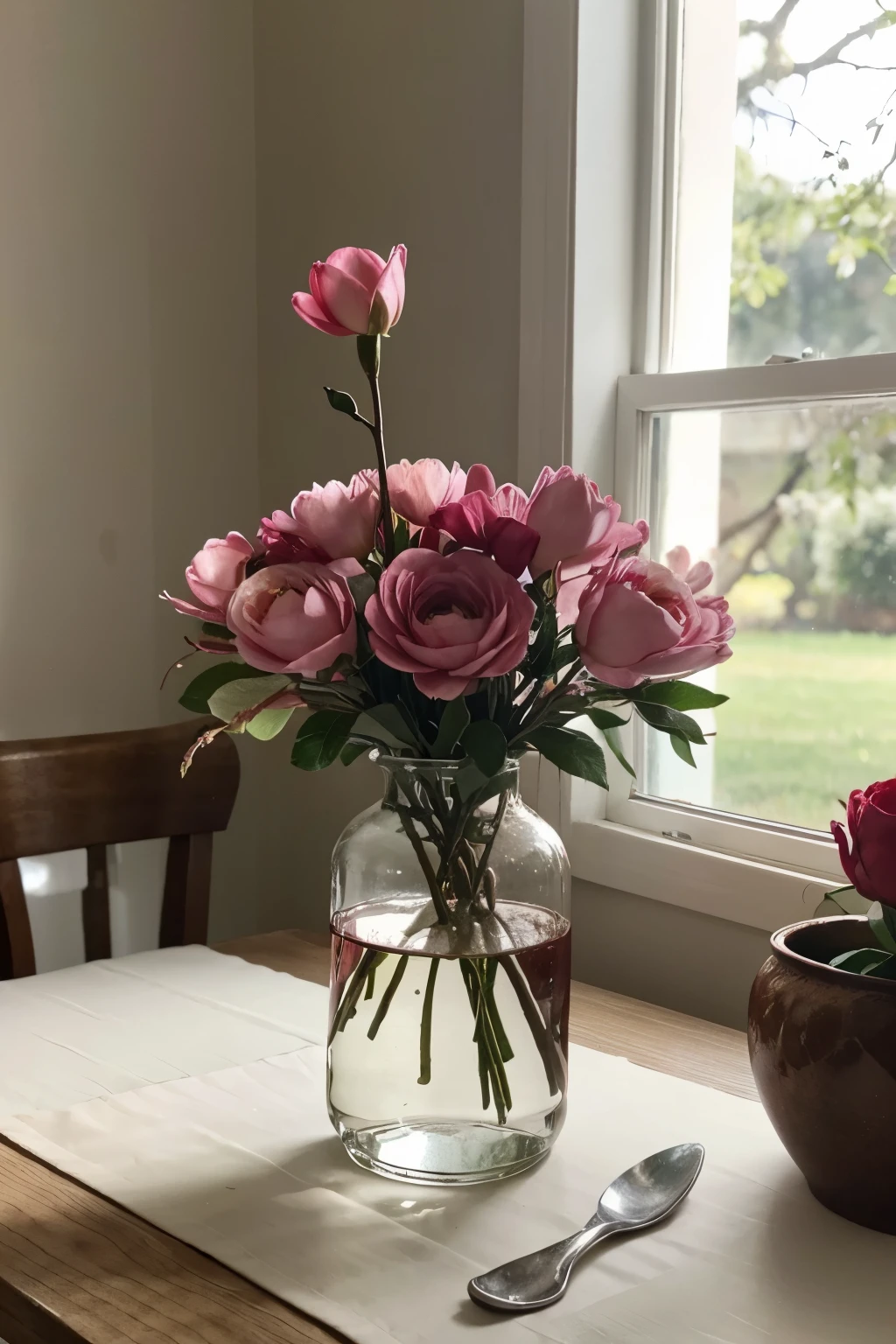 there is a vase of flowers and a red ribbon on the table, Still life, inspired by Jane Nasmith, instagram, hyperrealism, Magnolias, Magnolia, mirror and glass surfaces, 🎀 🗡 🍓 🧚, semi-realism, beautiful composition, pink flowers, Floral decorations, Magnolia stems, decorative flowers, Magnolia goliath head ornaments, Very beautiful photo, Decorated with flowers