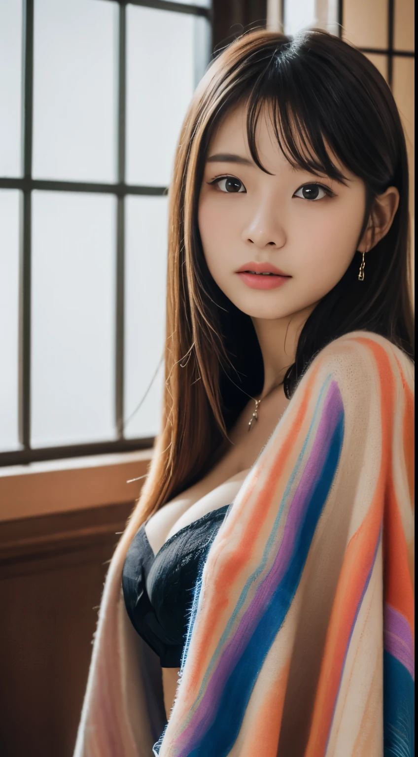 ulzzang-6500-v1.1,(masterpiece, highest quality:1.3), (Ultra-detailed 8K:1.2), (hyperrealistic:1.35),(Raw photo:1.2),highest quality, High resolution, wallpaper, realistic
BREAK
(1 japanese girl:1.5),(20 years old:1.5),Super beautiful, beautiful skin, beautiful eyes, detailed face, super delicate face, delicate eyes(large breasts:1.2),(long cleavage:1.1), cute girl, (multicolor poncho:1.5), (indoors:1.5),(night:1.5),(sharp focus:1.4),(soft focus:1.2), extremely delicate and beautiful,