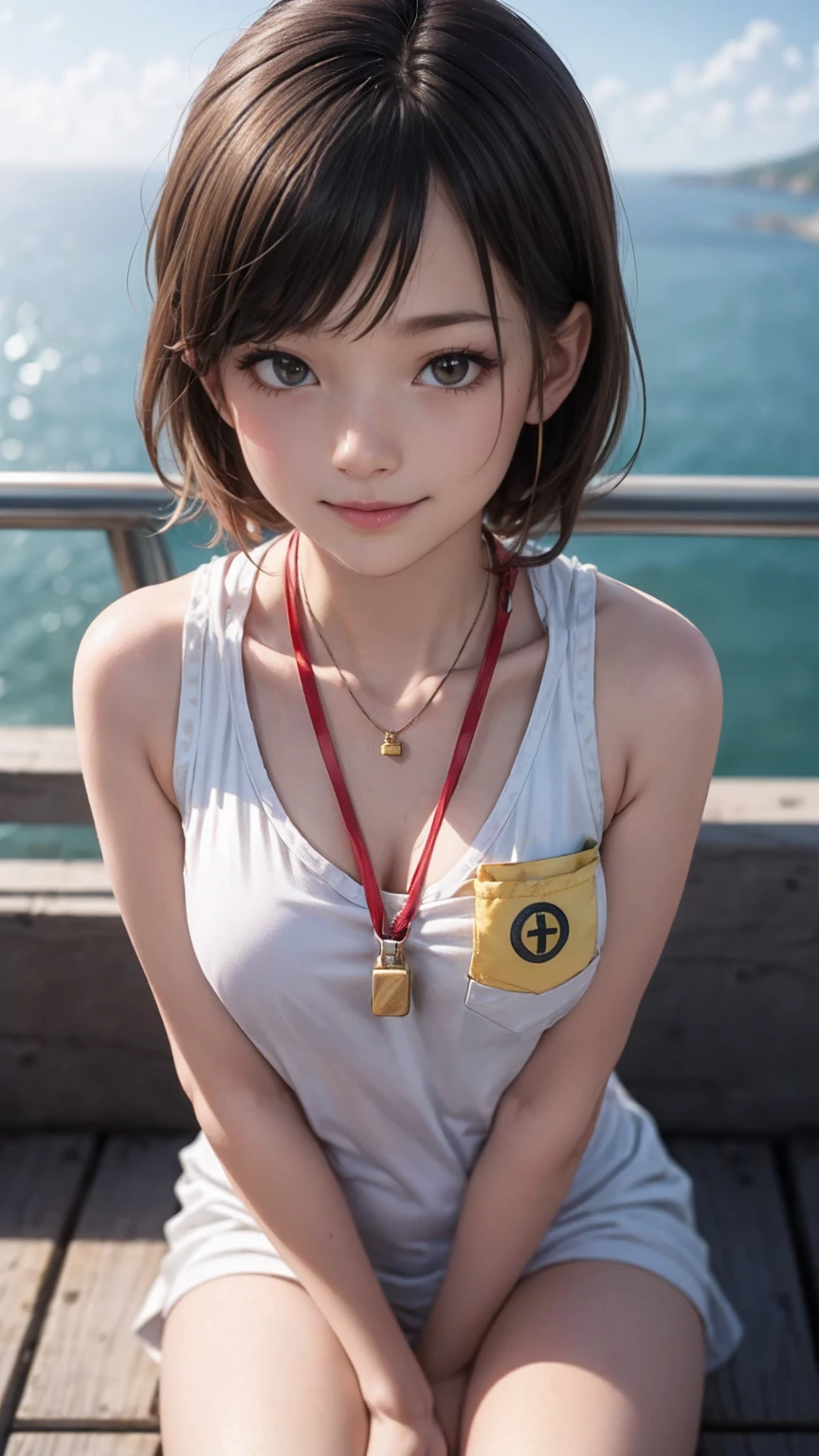 最high quality, 8K, masterpiece: 1.3, Ultra HD, high quality, 最high quality, High resolution, realism)) 、slender、slenderだがアスリート並みの細マッチョ、Lifeguard((lifeguard))is、On a California beach、Sit on the observation deck、whistle((whistle))Hang the string around your neck、I don't want my head to disappear from the screen.、aerial perspective((atmospheric perspective))、smile((smiley))、background blur((depth of field)、chest pocket