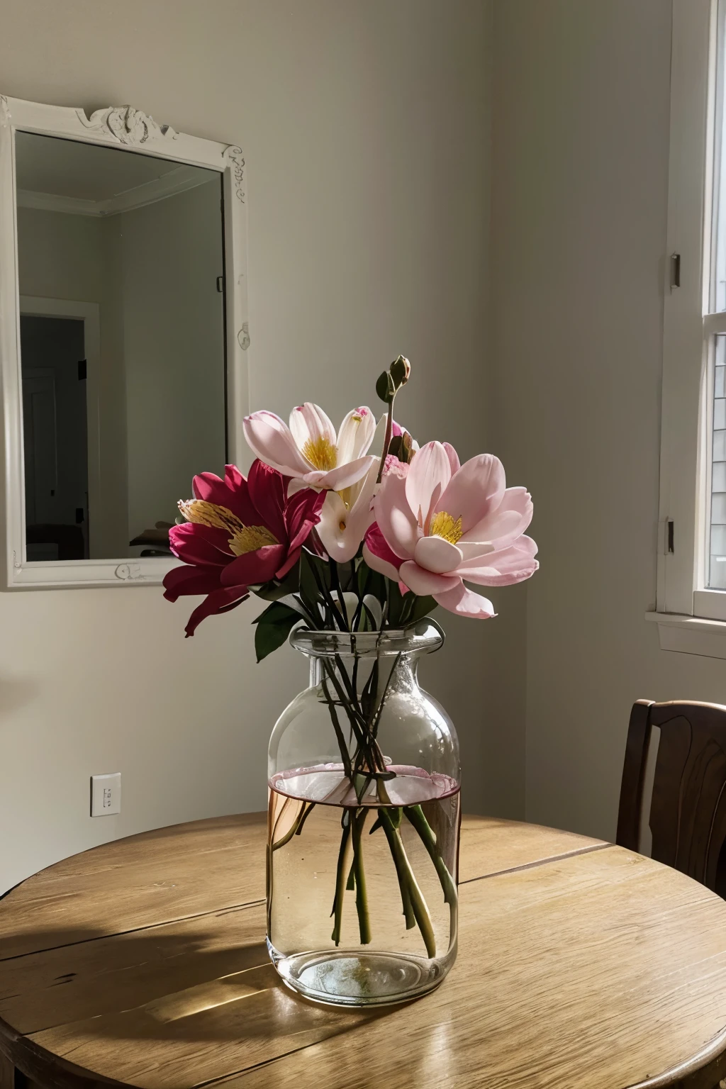 there is a vase of flowers and a red ribbon on the table, Still life, inspired by Jane Nasmith, instagram, hyperrealism, Magnolias, Magnolia, mirror and glass surfaces, 🎀 🗡 🍓 🧚, semi-realism, beautiful composition, pink flowers, Floral decorations, Magnolia stems, decorative flowers, Magnolia goliath head ornaments, Very beautiful photo, Decorated with flowers