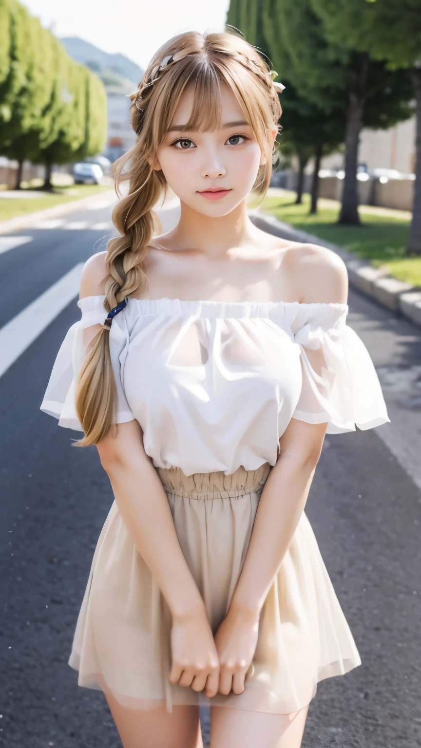 sexy big breasts、Sexy cute looks and cute  beautiful girl, Beautiful and sexy face、The strong wind blows the hair in front of my face、Blonde French braids with cute and sexy eyes hidden by long bangs、Off-the-shoulder t-shirt、Tulle miniskirt