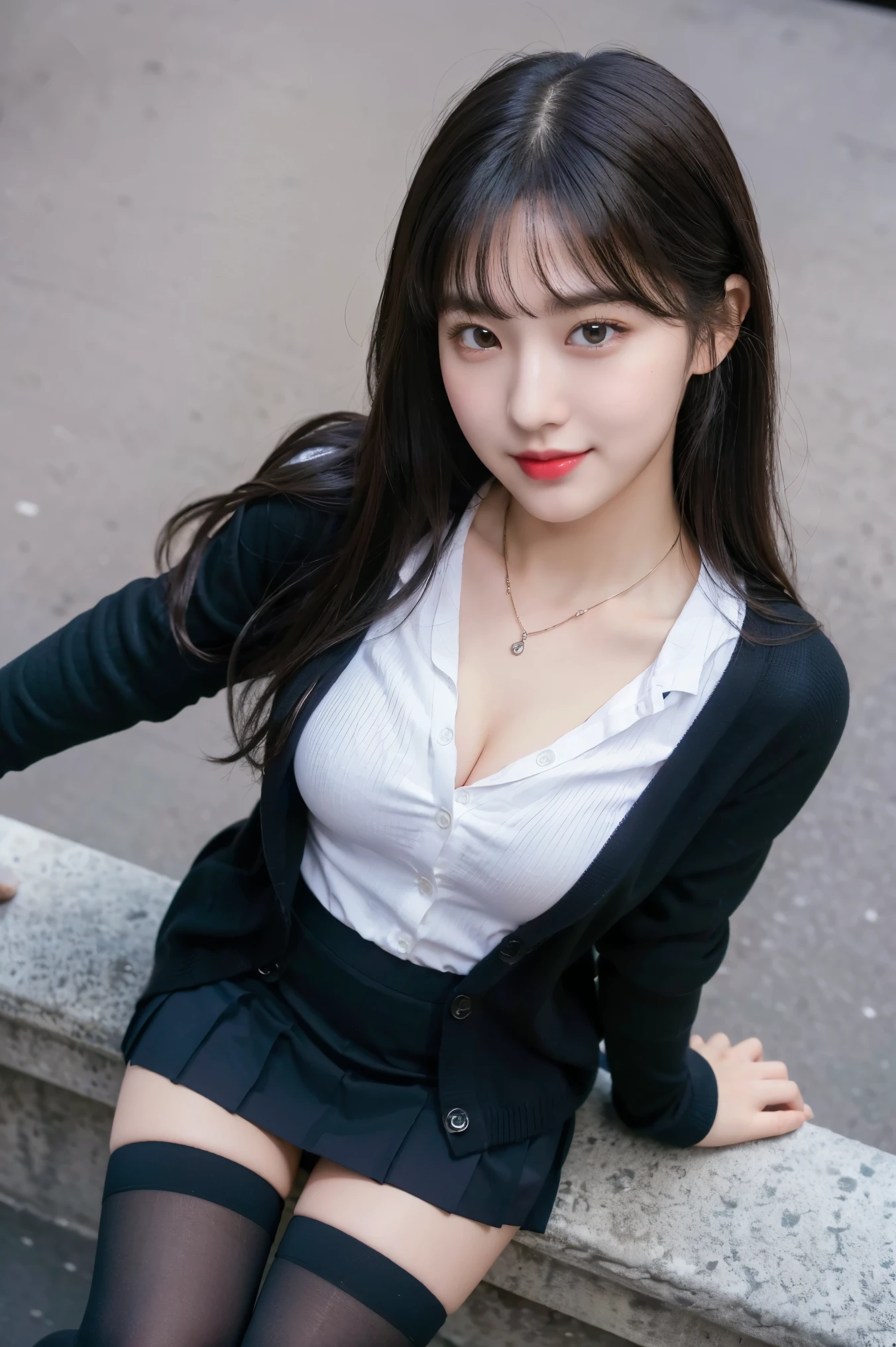 (8K), (highest quality: 1.2), (realistic), (realistic: 1.37), ultra high resolution, (1 girl, cute, smile, closed mouth, thick lips,red lip,beautiful details, beautiful nose, (straight black hair), giant dulcefo, self snap,(school uniform),(cardigan),white shirt,tie,pleated skirt,(black knee high socks),Standing in the city at night, From above,close up of face,Unbutton two of your shirts,slightly bigger breasts,thin necklace,(Medium Shot:1.2),