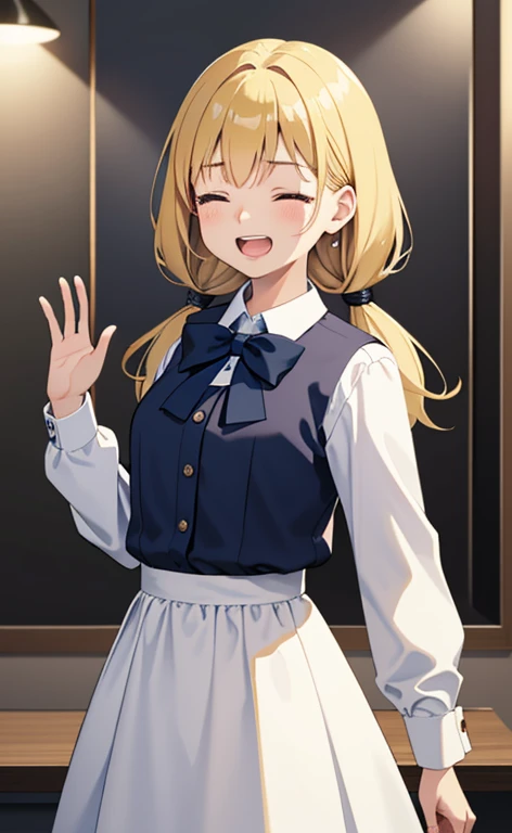 (​masterpiece、top-quality、8k size wallpaper、offcial art)、(portrait,cowboy shot:1.6)、(1girl),(very loud laugh,Open mouth:1.3),(closed eyes:1.5),cute face,blue eyes、(low twintails)、
,(stand),(Shining smile),
,(slender),(school uniform),(long fluorescence blonde hair1.3), (small breasts)、
、fluorescence、classroom,JK、(>_<:1)