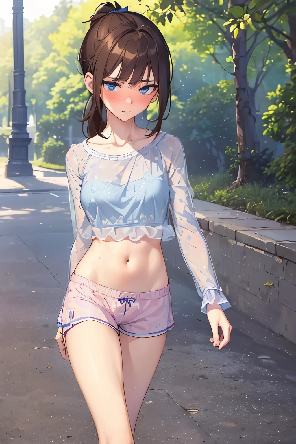 (((medium bust))), ((best quality)), ((masterpiece)), ((detailed)), (((perfect face))), ((((slender 16yo teenage girl )))), (((sheer pyjamas))), (((pyjama shorts))), (((short ponytail))), (((blue eyes))), (((brown hair))), ((shy:1.3)), ((blushing:1.5)), ((skinny thighs)), ((skinny hips)), (((bare stomach))), (((bare thighs))), ((((girl looking away)))), (((walking in park)))