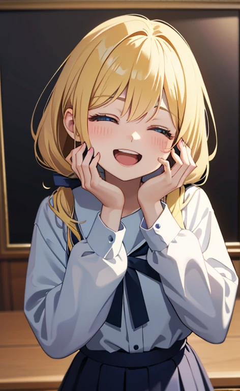 (​masterpiece、top-quality、8k size wallpaper、offcial art)、(portrait,cowboy shot:1.6)、(1girl),(very loud laugh,Open mouth:1.3),(closed eyes:1.5),cute face,blue eyes、(low twintails)、
,(stand),(Shining smile),
,(slender),(school uniform),(long fluorescence blonde hair1.3), (small breasts)、
、fluorescence、classroom,JK、(>_<:1)