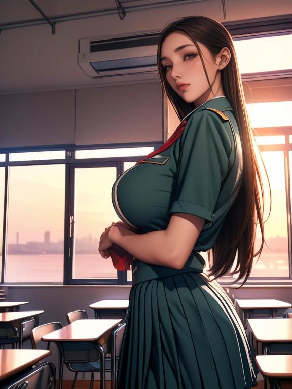 (8k,Photorealistic, masutepiece, Best Quality, Raw photo:1.3)、1girl in, 18years old,Solo,school girl, Long hair, Brown hair, Detailed beautiful face, alluring face, (Detailed beautiful brown eyes:1.2), medium breasts,(underboob:1.3),(coverd nipples:1.1),(loos sailer uniform :1.35), ( Perfect body skinny beauty: 1.4),( temptation Pose:1.3), (Looking at Viewer, front view,eyes focus:1.2), Detailed background, (sunset:1.2), classroom,fine detailed, intricate detailes,  Ray tracing, depth of fields, seductive smile,classroom,