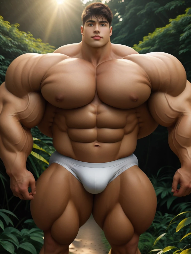 1boy, giant, model shoot style, looking at viewer, standing, illuminating light, golden hour, outdoor, strong body, bulk, massive body, wide pecs, large size, brown skin, standing, in the forest, white triangular underwear, prominent bulge, brutalmass