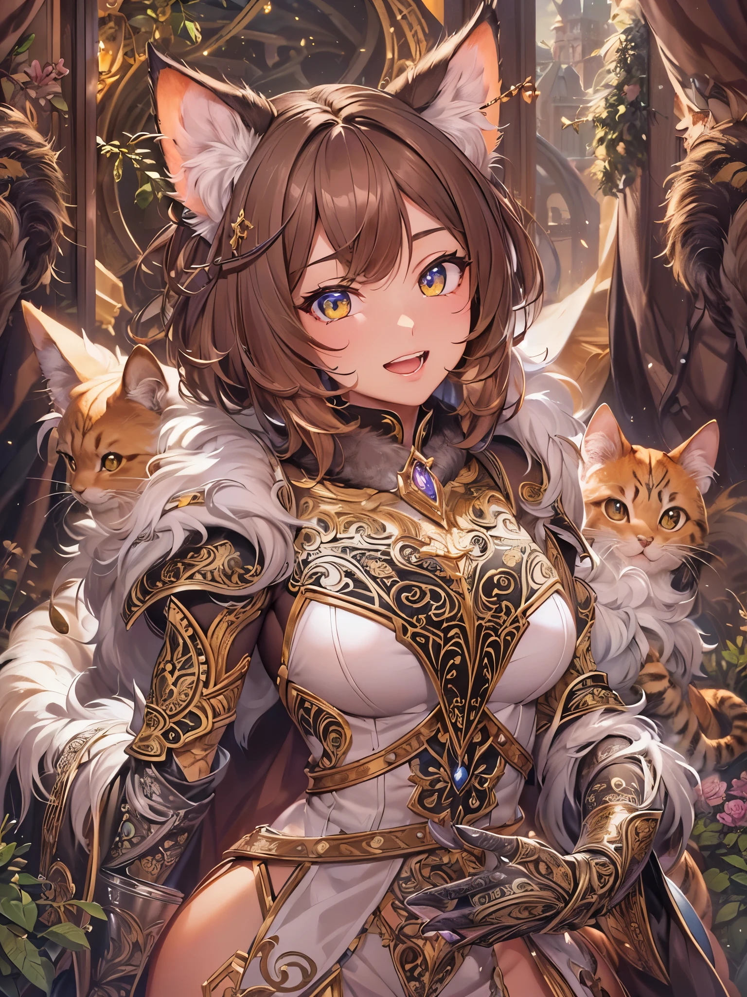 8k_wallpaper, extremely detailed eyes, extremely detailed body, (large masterpiece digital art), (detailed manga illustration), (detailed line art), ((perfect anatomy)), (intricate details:1.3), (ultra-detailed:1.3), (illustration:1.3), (sharp focus:1.3), (natural lighting:1.05), (vivid colors:1.3), (masterpiece), best quality, expressive eyes, perfect face, An anime girl with a regal bearing, adorned in intricate armor adorned with bear motifs, sits upon a throne made of giant bear claws and fur. Her expression is both commanding and gentle, with a crown of bear ears atop her head. Around her, a majestic forest of towering trees forms a backdrop, with bears of all sizes paying homage to their queen.