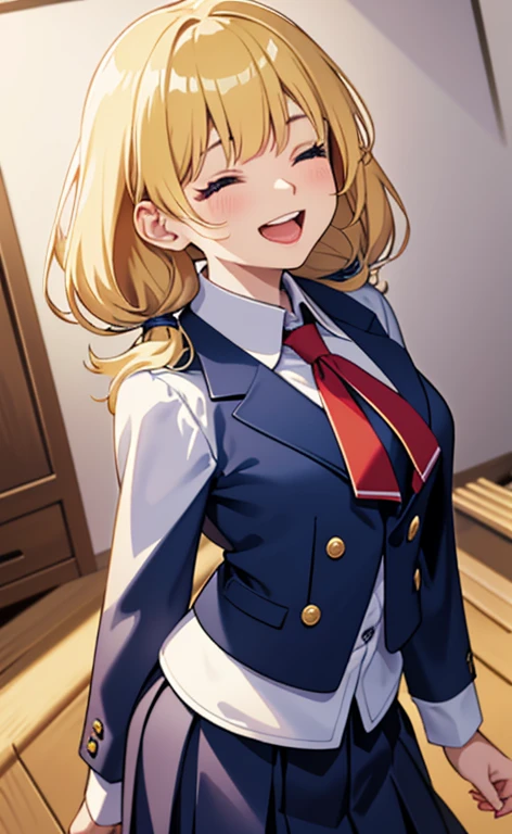 (masterpiece、top-quality、8k size wallpaper、offcial art)、(portrait,cowboy shot:1.6)、(1girl),(very loud laugh,Open mouth:1.3),(half closed eyes:1.5),cute face,blue eyes、(low twintails)、
,(stand),(Shining smile),
,(slender),(school uniform),(long fluorescence blonde hair1.3), (small breasts)、
、fluorescence、classroom,JK、(>_<:1)