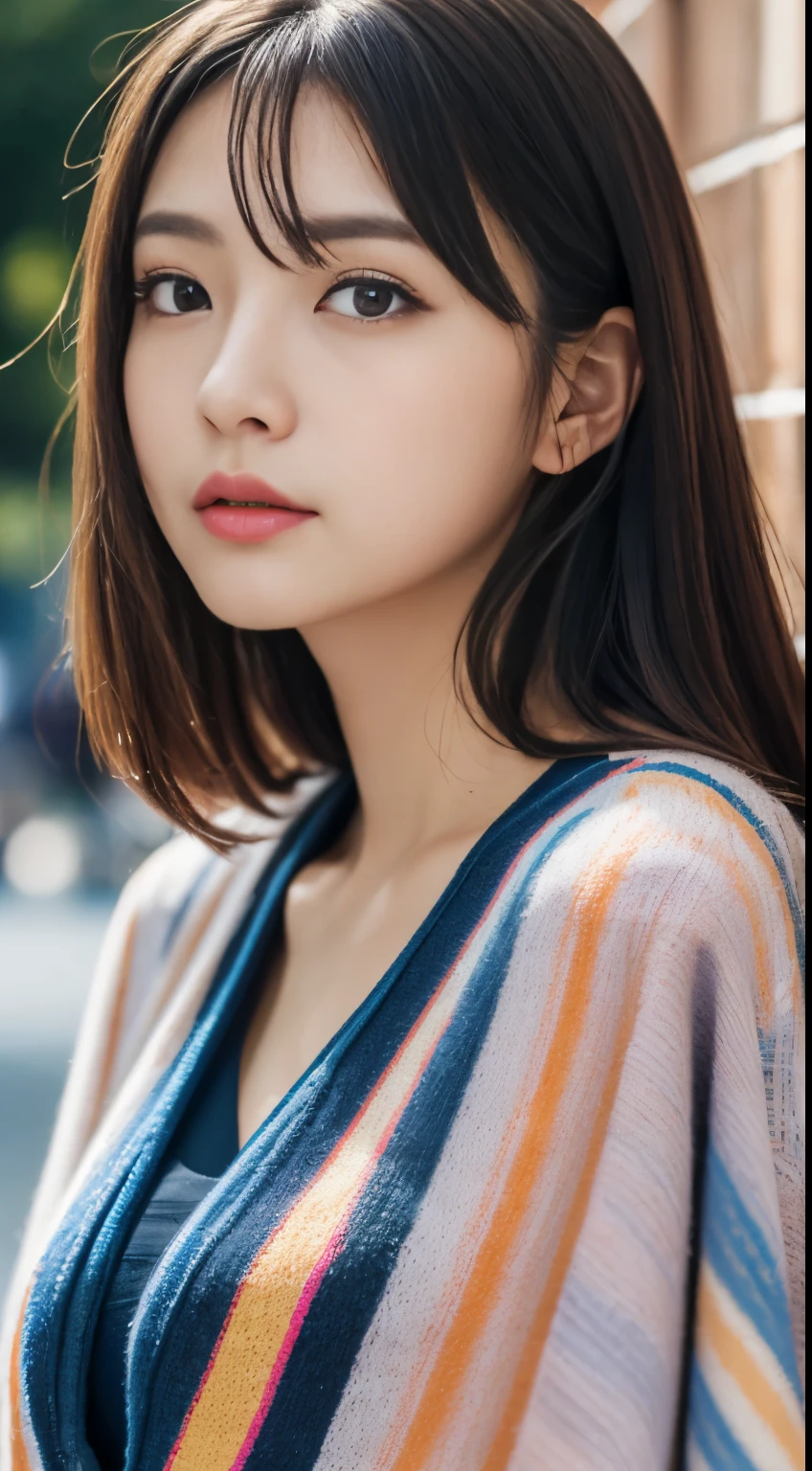 ulzzang-6500-v1.1,(masterpiece, highest quality:1.3), (Ultra-detailed 8K:1.2), (hyperrealistic:1.35),(Raw photo:1.2),highest quality, High resolution, wallpaper, realistic
BREAK
(1 japanese girl:1.5),(20 years old:1.5),extremely delicate and beautiful, beautiful skin, beautiful eyes, detailed face, super delicate face, delicate eyes(large breasts:1.2),(long cleavage:1.1), cute girl, (multicolor poncho:1.5), (outdoors:1.5),(daytime:1.5),(sharp focus:1.4),