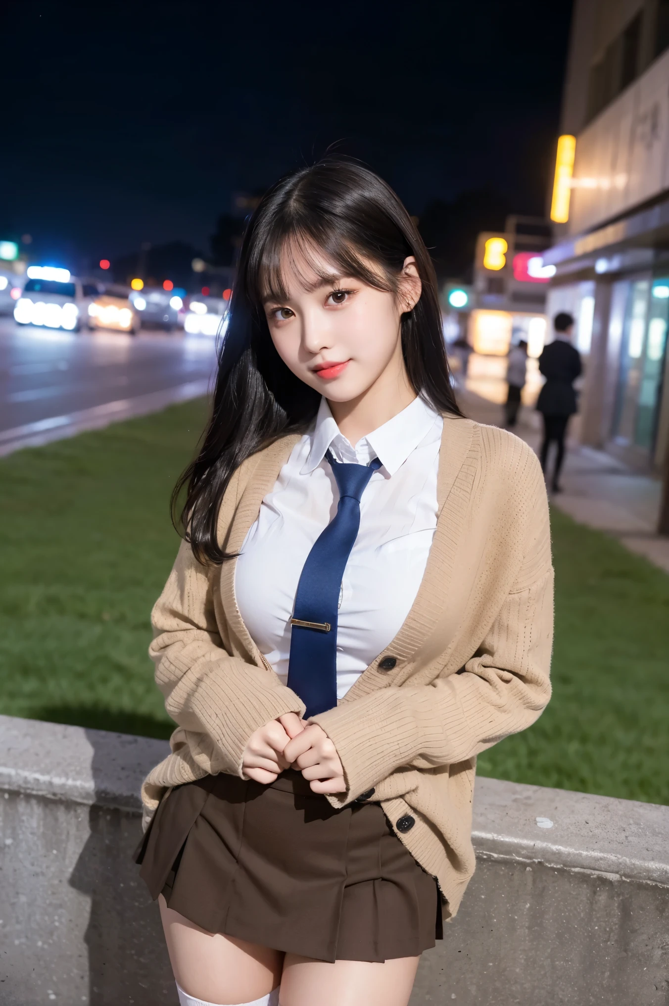 (8K), (highest quality: 1.2), (realistic), (realistic: 1.37), ultra high resolution, (1 girl, cute, smile, closed mouth, thick lips,red lip,beautiful details, beautiful nose, (straight black hair), giant dulcefo, self snap,(school uniform),(Dark beige large cardigan),white shirt,tie,pleated skirt,(white knee high socks),Standing in the city at night,slightly bigger breasts,(Medium Shot:1.2),
