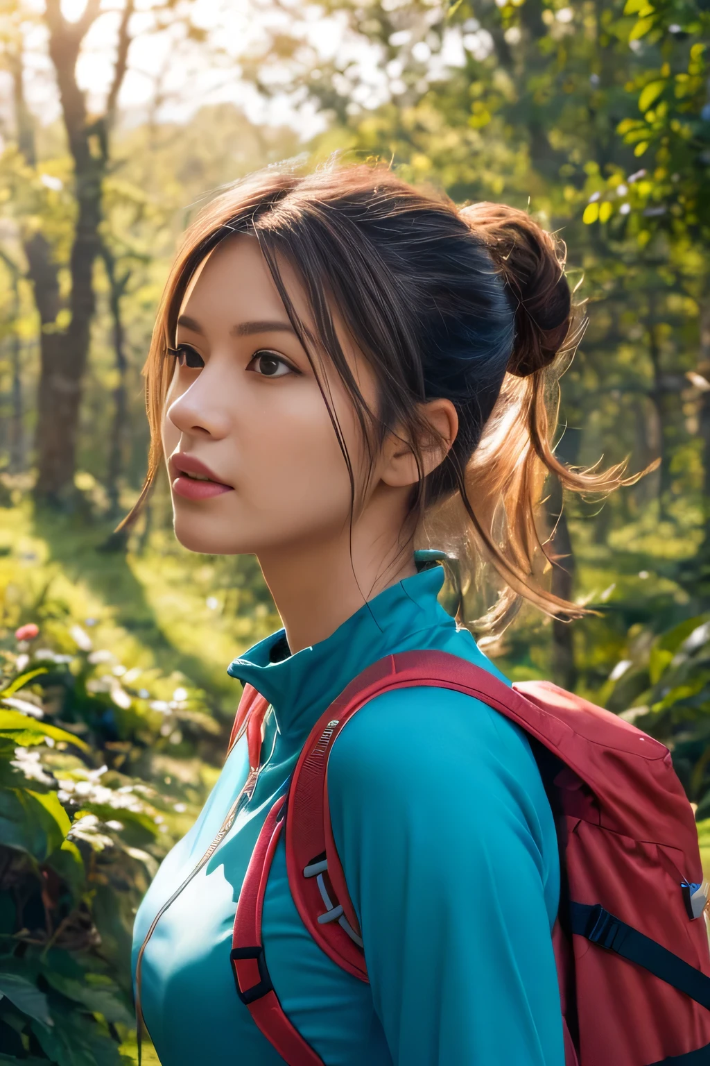 ((table top:1.4, highest quality)), (realistic pictures:1.4), ((1 girl)), (An earthly beauty), (超High resolution:1.2), very elegant and beautiful, wonderful, Highly detailed CG Unity 8K wallpaper, Super detailed, High resolution, beautiful detailed girl, highly detailed eyes and face, beautifully detailed nose, beautiful and detailed eyes, walking through forest, perfect anatomy, dressed in trekking gear, blue skies
