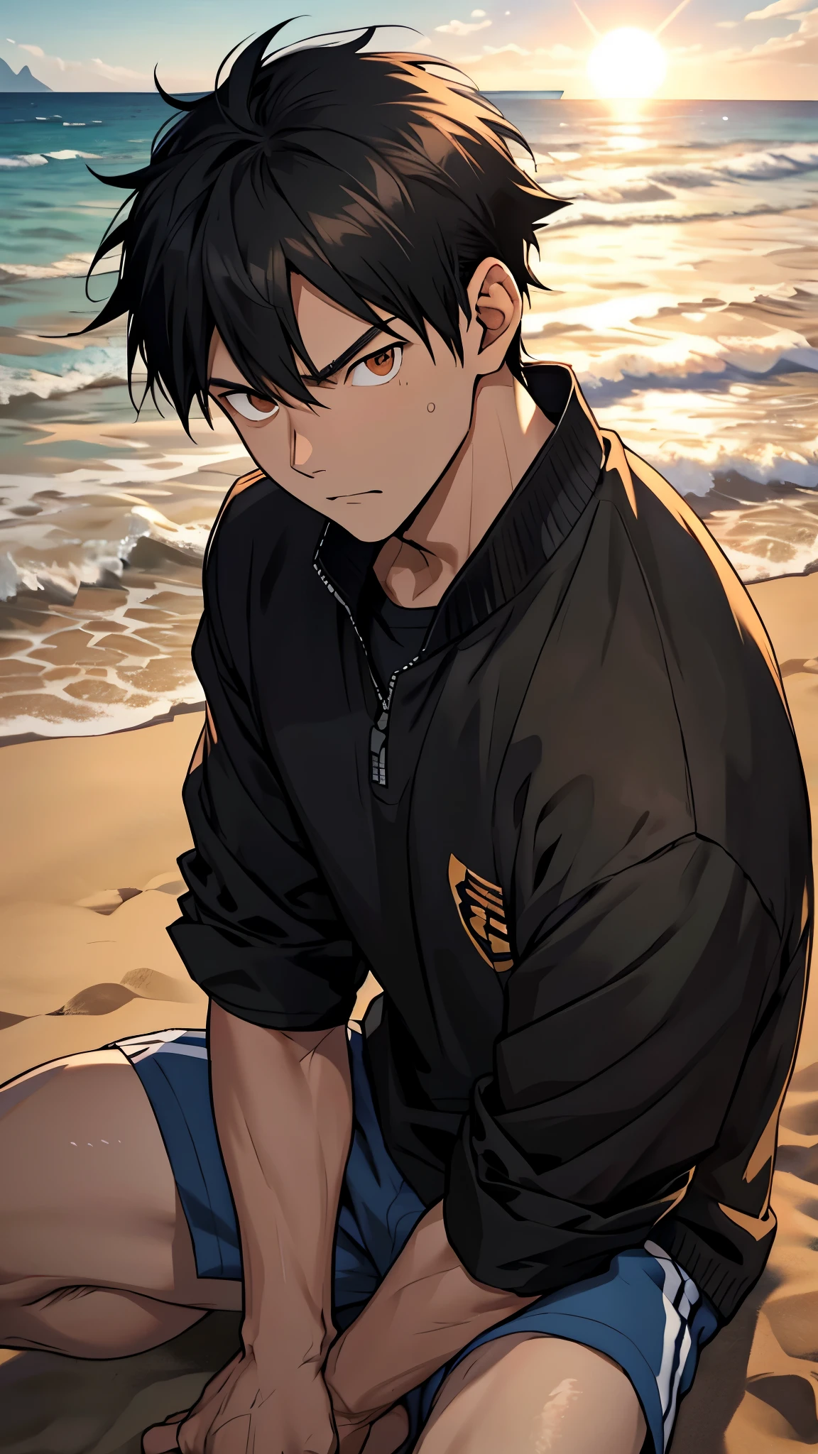 In the high-resolution image, Tobio Kageyama from the popular anime series "Haikyuu!!", sits alone on the sandy beach with the vast expanse of the sea stretching out before him. The sun casts a warm glow over his sleek, black hair as he gazes intently out at the horizon with a focused expression. oddly shaped seashells scattered around him.

As you take a closer look, the detailed eyes of Tobio come into focus. His deep-set brown eyes are full of intensity and determination, the irises flecked with gold, the lashes long and dark. Every fiber of his being seems to be radiating energy.

Tob
