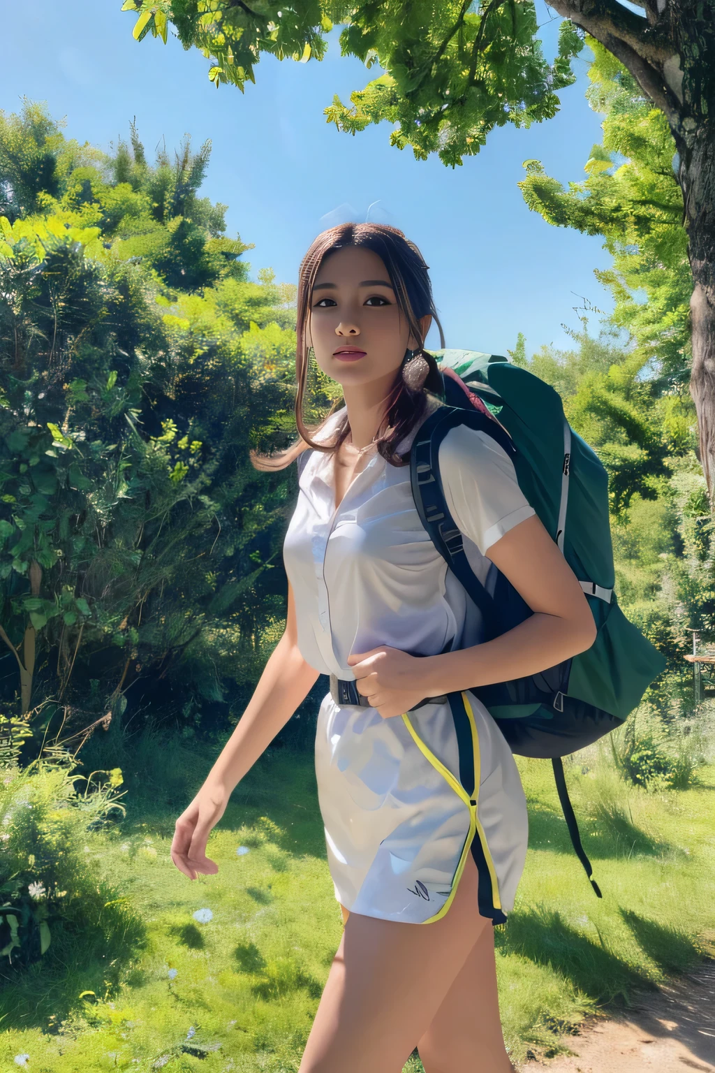 ((table top:1.4, highest quality)), (realistic pictures:1.4), ((1 girl)), (An earthly beauty), (超High resolution:1.2), very elegant and beautiful, wonderful, Highly detailed CG Unity 8K wallpaper, Super detailed, High resolution, beautiful detailed girl, highly detailed eyes and face, beautifully detailed nose, beautiful and detailed eyes, walking through forest, perfect anatomy, dressed in trekking gear, blue skies
