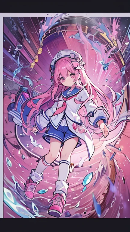 beautiful illustrations, highest quality, (12 year old girl:1.4)、(pretty girl：1.5)、、(inside the aquarium)、flat chest、sailor collar、(White long tunic)、long sleeve sailor suit、Blue-line cuffs、(pink chino shorts：1.4)、(pink shorts with wide opening：1.2)、Gap between thigh and pants、slim thighs、white socks、 cinematic lighting, (pink long hair)、pink straight hair、redness of cheeks、(Braiding of the back of the head)