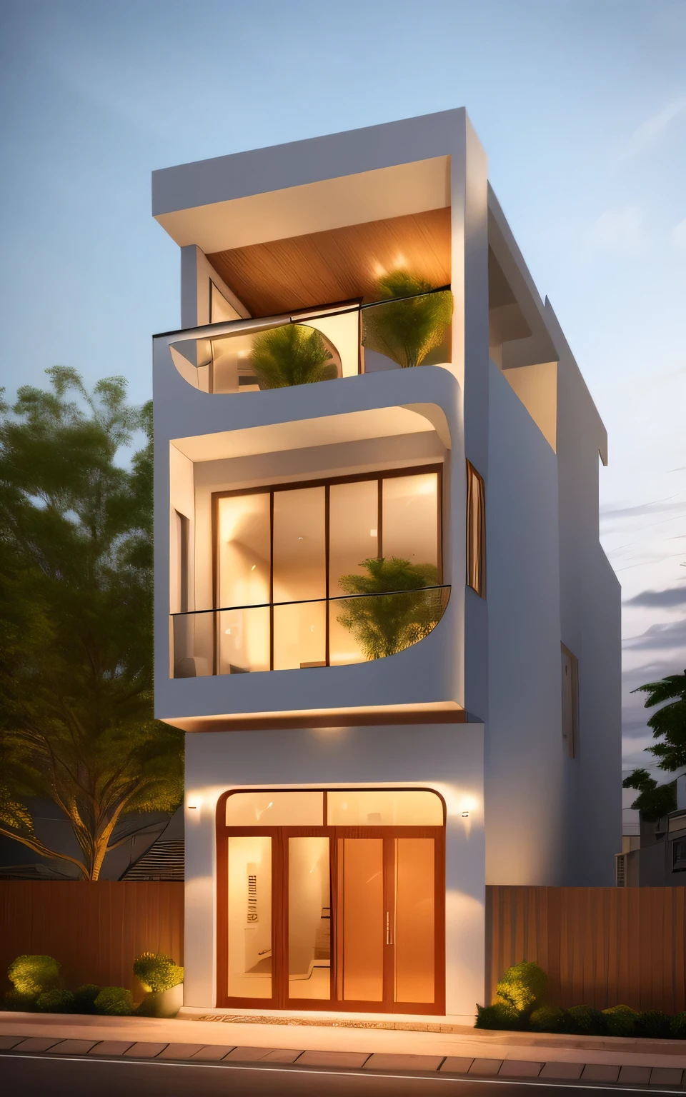 (Townhouse in city ,close houses and trees), daylight ( best quality) ((high solution)) ,(( photo realistic)) ,warm light, (sharp focus) front view of townhouse in style of modern,small house, Narrow area,VietNam,facade, curved arch,beautiful facade,curved windown,narrow and long ,two-storey,mutual colours, soft lighting, warm atmosphere,high Resolution, hyper detailed,4k ,vray render, octane render, hyper realistic, photography expert ,exterior design , professional photography, exterior photography,wide-angle shot , ultra detail , high Resolution , full frame, full body